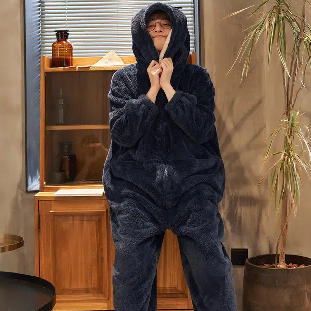 俏薇妮 简约纯色可爱兔头加厚保暖休闲舒适可外穿家居连体衣 男款 黑色