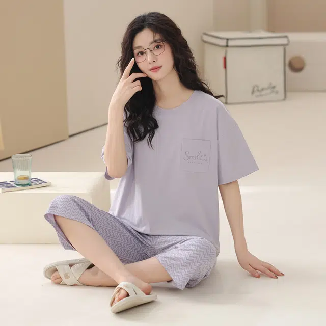 俏薇妮 纯棉简约柔软纯色可爱时尚带胸垫短袖高级感家居服休闲舒适凉爽透气可外穿睡衣套装 女款 浅紫色