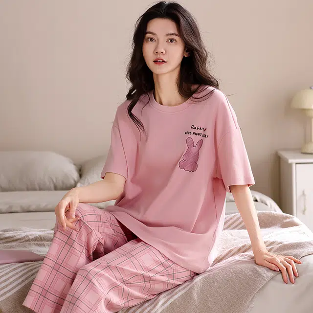 俏薇妮 柔软纯棉简约可爱格子短袖家居服休闲宽松实用可外穿睡衣套装 女款 粉红色