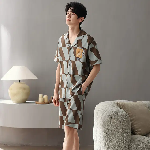 俏薇妮 柔软纯棉翻领短袖高级感家居服休闲宽松舒适凉爽透气可外穿睡衣套装 男款 浅绿色
