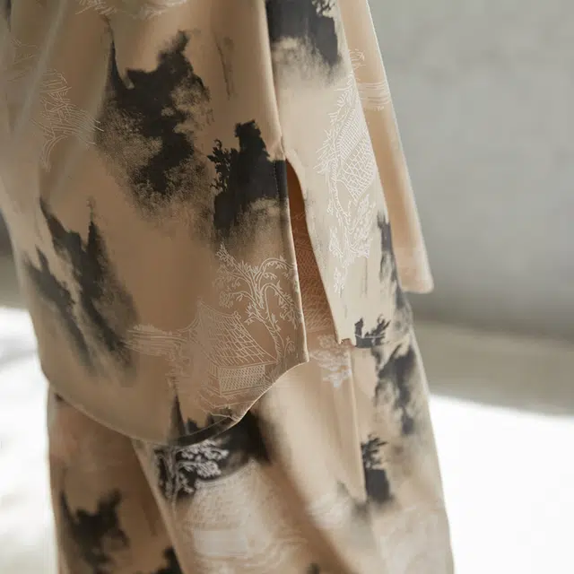 俏薇妮 新中式水墨画长袖家居服实用舒适慵懒可外穿睡衣套装 女款 卡其色