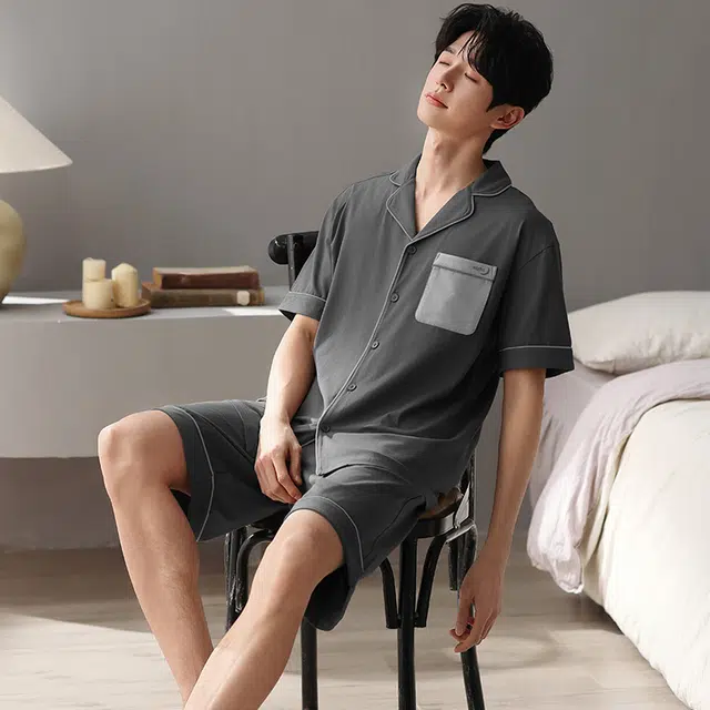 俏薇妮 简约柔软纯棉纯色翻领短袖高级感家居服休闲宽松舒适凉爽透气可外穿睡衣套装 男款 灰色