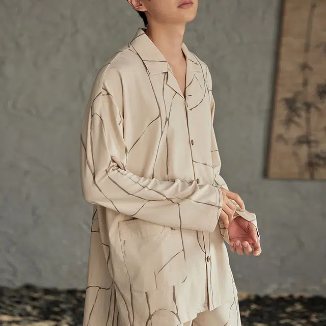 俏薇妮 简约柔软古风高级感长袖长裤家居服休闲舒适可外穿睡衣套装 男款 卡其色
