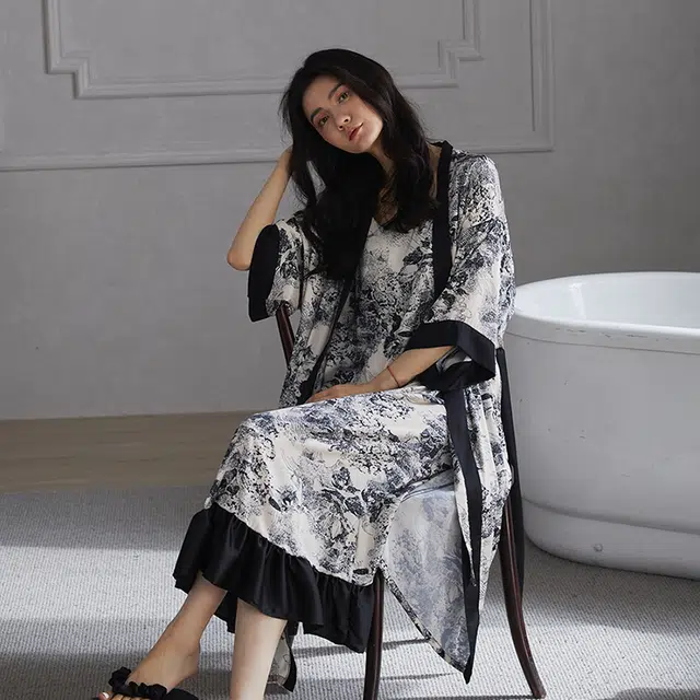 俏薇妮 新中式水墨画家居服凉感冰丝吊带长袖高级感宽松两件套睡裙可外穿睡衣套装 女款