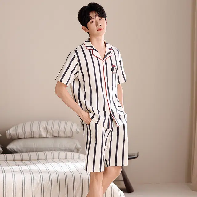 俏薇妮 柔软纯棉简约条纹翻领短袖高级感家居服休闲宽松舒适凉爽透气可外穿睡衣套装 男款 米白色