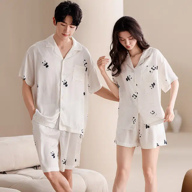 俏薇妮 柔软简约冰丝熊猫竹子高级感短袖家居服舒适透气休闲凉感可外穿睡衣套装 女款 米白色