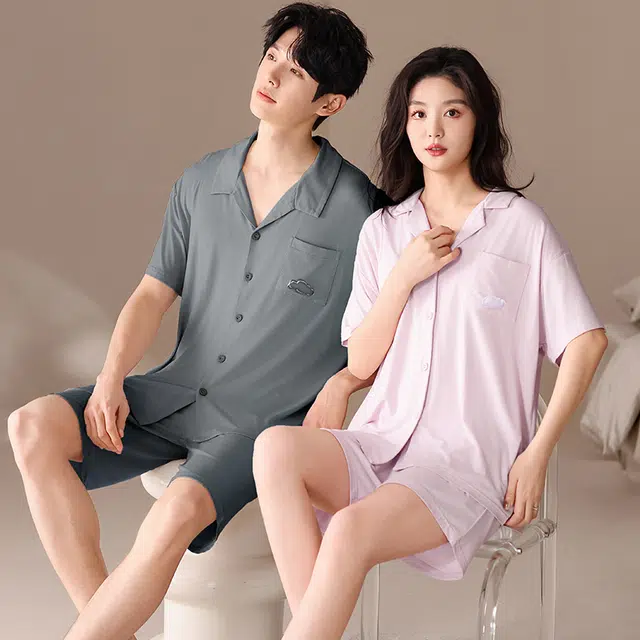 俏薇妮 柔软简约纯色时尚高级感短袖短裤翻领家居服舒适透气休闲宽松凉感可外穿夏季睡衣套装 男女同款 图片色