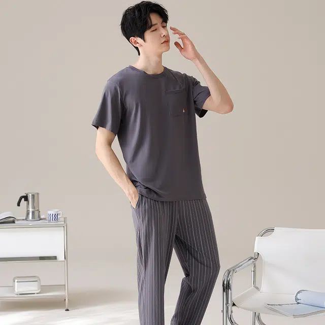 俏薇妮 潮流简约柔软纯棉纯色时尚短袖长裤家居服舒适透气休闲宽松凉感可外穿夏季睡衣套装 男款