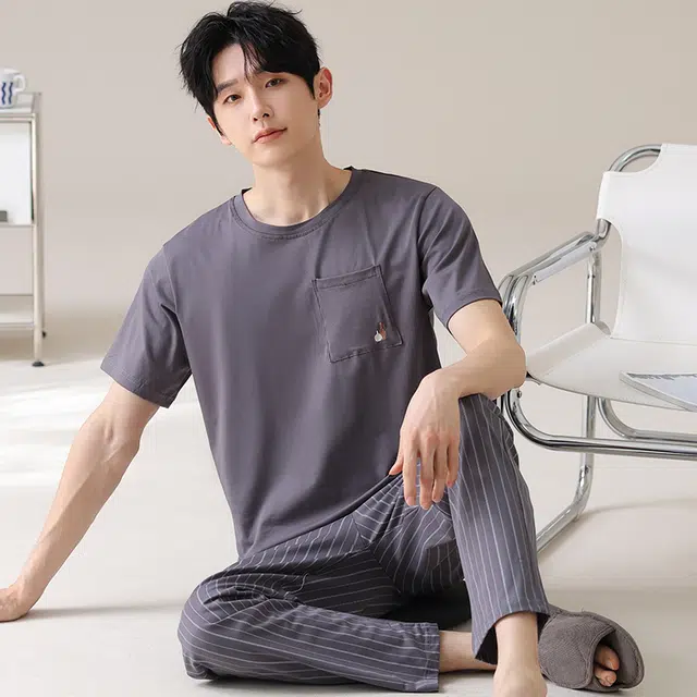 俏薇妮 潮流简约柔软纯棉纯色时尚短袖长裤家居服舒适透气休闲宽松凉感可外穿夏季睡衣套装 男款