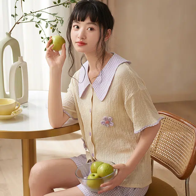 俏薇妮 简约小清新温馨可爱高级感短袖短裤家居服休闲宽松舒适凉爽透气可外穿夏季睡衣套装 女款 浅紫色