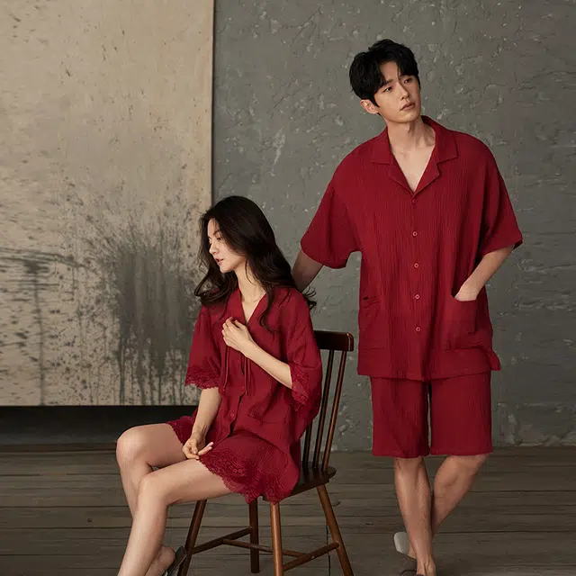 俏薇妮 本命年结婚复古喜庆翻领开衫短袖短裤家居服纯棉简约舒适透气休闲宽松可外穿睡衣套装 女款 红色
