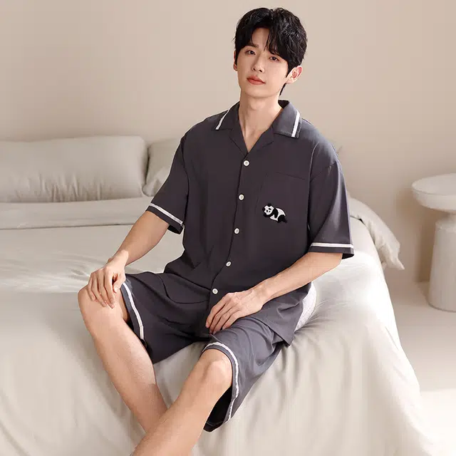 俏薇妮 柔软纯棉简约纯色翻领短袖高级感家居服休闲宽松舒适凉爽透气可外穿睡衣套装 男款 灰色