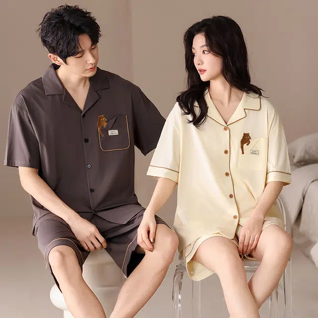 俏薇妮 柔软简约纯色小猫图案高级感短袖短裤家居服舒适透气休闲宽松凉感可外穿夏季睡衣套装 男女同款 图片色