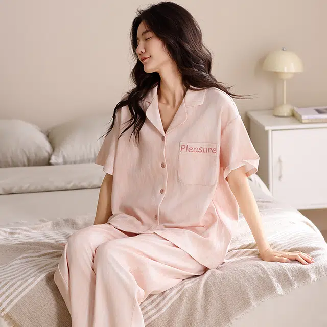 俏薇妮 柔软纯棉舒适时尚翻领短袖家居服休闲宽松实用可外穿睡衣套装 女款 粉红色