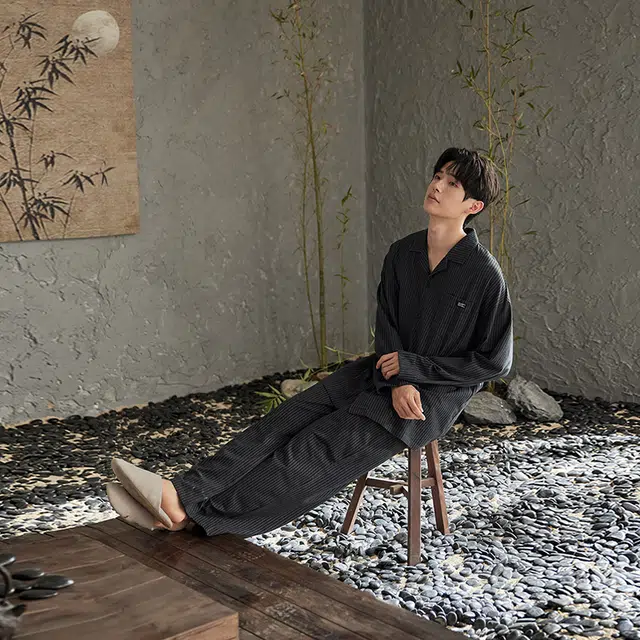 俏薇妮 简约柔软时尚条纹高级感长袖长裤家居服休闲舒适可外穿睡衣套装 男款 黑色