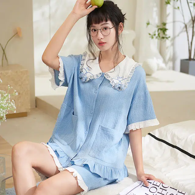 俏薇妮 简约温馨优雅大气高级感短袖短裤家居服休闲宽松舒适凉爽透气可外穿夏季睡衣套装 女款 浅蓝色