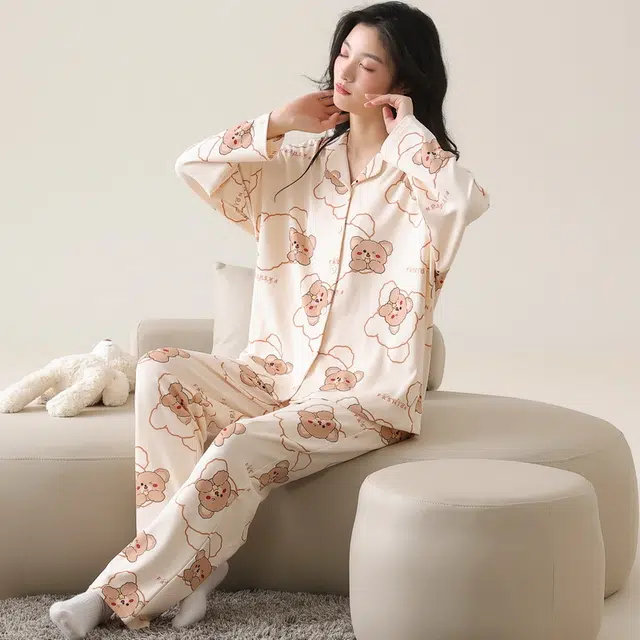俏薇妮 简约可爱小熊高级感翻领长袖长裤家居服休闲舒适可外穿睡衣礼盒 女款 米白色