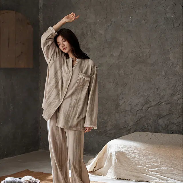 俏薇妮 简约休闲条纹长袖长裤家居服加绒保暖睡衣套装 女款 卡其色