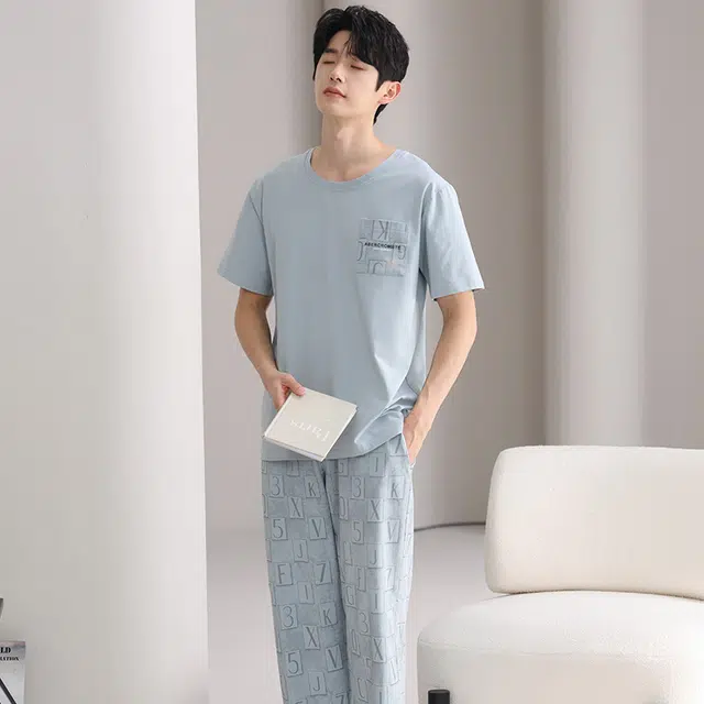 俏薇妮 简约凉感柔软高级感潮流小清新短袖长裤家居服舒适透气休闲宽松可外穿夏季睡衣套装 男款