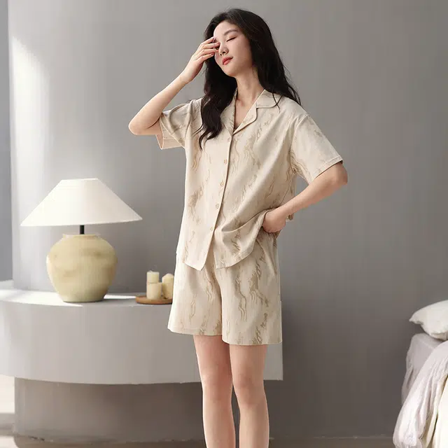 俏薇妮 简约柔软纯棉时尚优雅翻领短袖高级感家居服休闲宽松舒适凉爽透气可外穿睡衣套装 女款 黄色