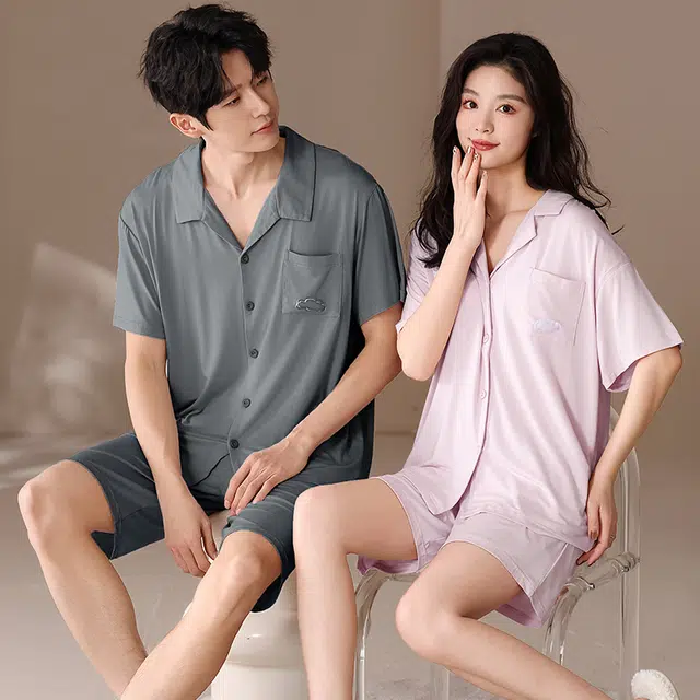 俏薇妮 柔软简约纯色时尚高级感短袖短裤翻领家居服舒适透气休闲宽松凉感可外穿夏季睡衣套装 男女同款 图片色