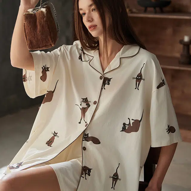 俏薇妮 简约柔软时尚可爱高级感短袖可外穿睡衣套装 女款 杏色