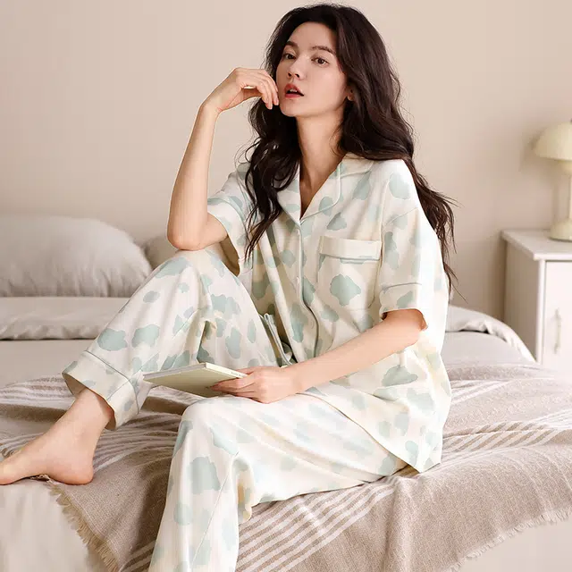 俏薇妮 柔软纯棉舒适小清新满印翻领短袖家居服休闲宽松实用可外穿睡衣套装 女款 浅绿色