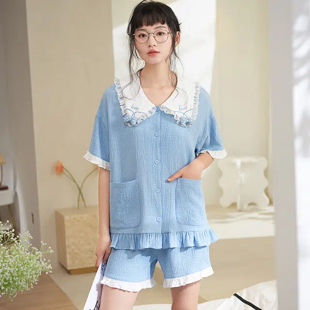 俏薇妮 简约温馨优雅大气高级感短袖短裤家居服休闲宽松舒适凉爽透气可外穿夏季睡衣套装 女款 浅蓝色