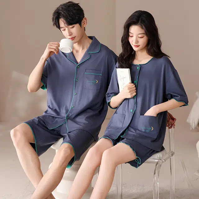 俏薇妮 柔软简约纯色时尚优雅高级感短袖短裤家居服舒适透气休闲宽松凉感可外穿夏季睡衣套装 男女同款 蓝色