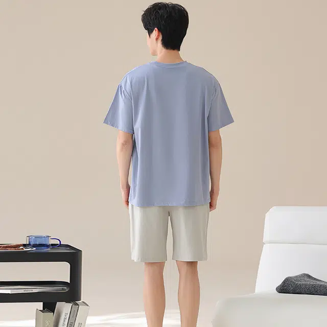 俏薇妮 简约柔软凉感纯色时尚潮流字母短袖五分裤家居服舒适透气休闲可外穿夏季睡衣套装 男款
