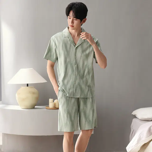 俏薇妮 柔软纯棉简约翻领短袖高级感家居服休闲宽松舒适凉爽透气可外穿睡衣套装 男款 浅绿色