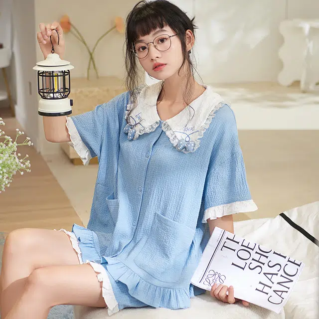俏薇妮 简约温馨优雅大气高级感短袖短裤家居服休闲宽松舒适凉爽透气可外穿夏季睡衣套装 女款 浅蓝色