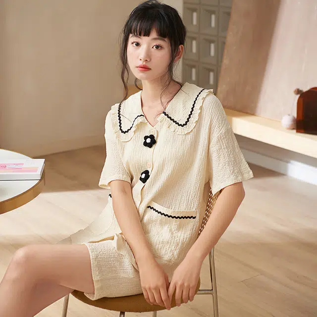 俏薇妮 简约温馨优雅高级感短袖短裤家居服休闲宽松舒适凉爽透气可外穿夏季睡衣套装 女款 黄色