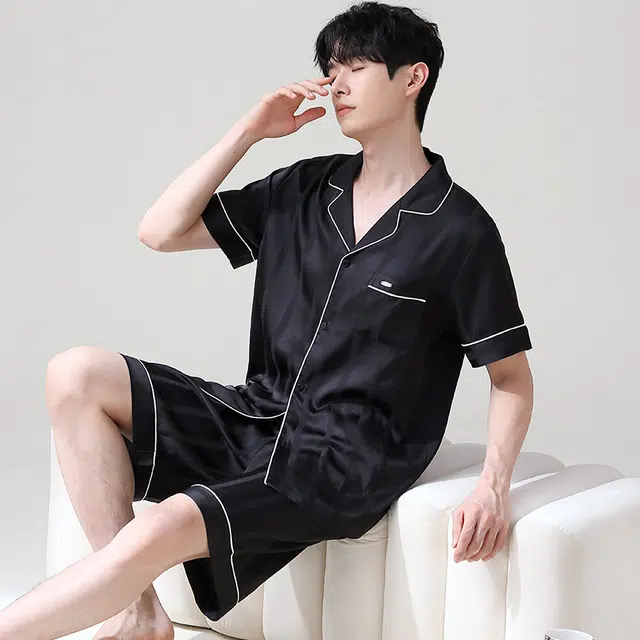 俏薇妮 简约纯色柔软时尚优雅高级感短袖短裤家居服休闲宽松舒适凉爽透气可外穿睡衣套装 男款 黑色