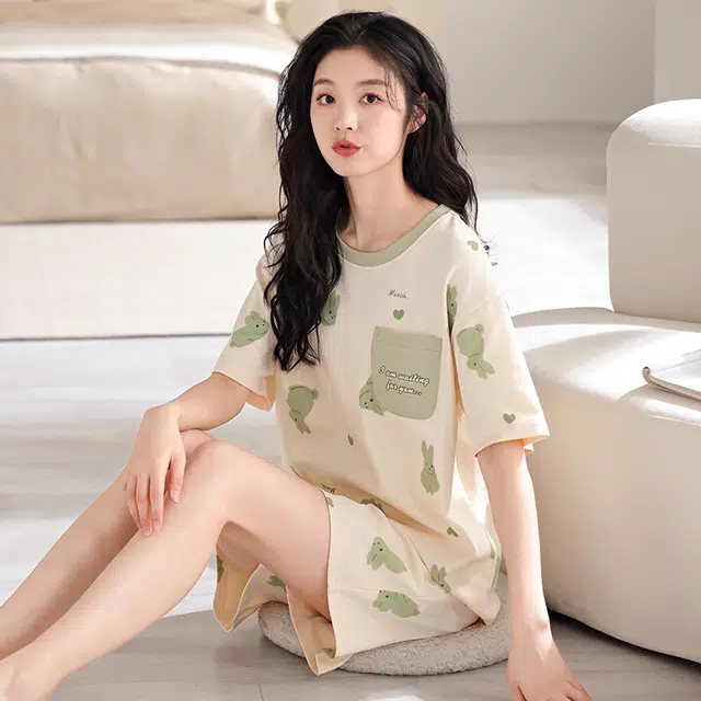 俏薇妮 柔软简约纯棉可爱时尚兔子高级感短袖短裤带胸垫家居服舒适透气休闲宽松凉感可外穿夏季睡衣套装 女款 深杏