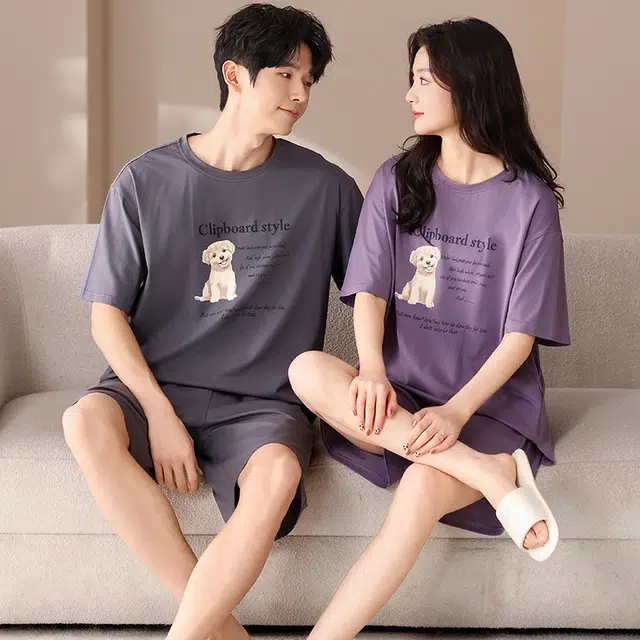 俏薇妮 柔软简约纯色时尚小狗图案字母高级感套头短袖短裤家居服舒适透气休闲宽松凉感可外穿夏季睡衣套装 男女同款 图片色