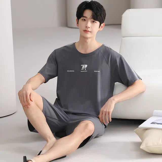 俏薇妮 简约柔软运动休闲舒适凉爽透气可外穿短袖五分裤夏季睡衣套装 男款 深灰色