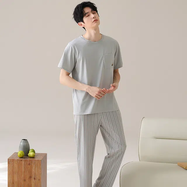 俏薇妮 简约柔软纯棉纯色时尚潮流短袖长裤家居服舒适透气休闲凉感可外穿夏季睡衣套装 男款