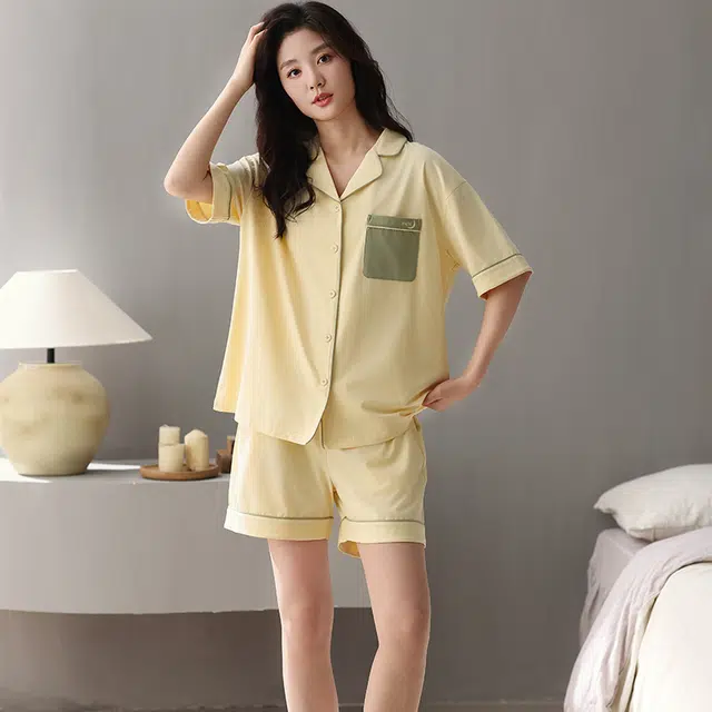 俏薇妮 简约柔软纯棉纯色翻领短袖高级感家居服休闲宽松舒适凉爽透气可外穿睡衣套装 女款 黄色