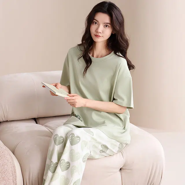 俏薇妮 柔软纯棉简约可爱短袖家居服休闲宽松实用可外穿睡衣套装 女款 浅绿色