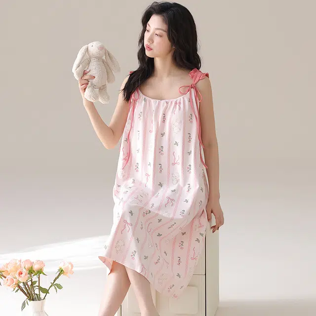 俏薇妮 简约柔软时尚可爱带胸垫舒适凉爽透气可外穿无袖夏季睡裙 女款 粉红色