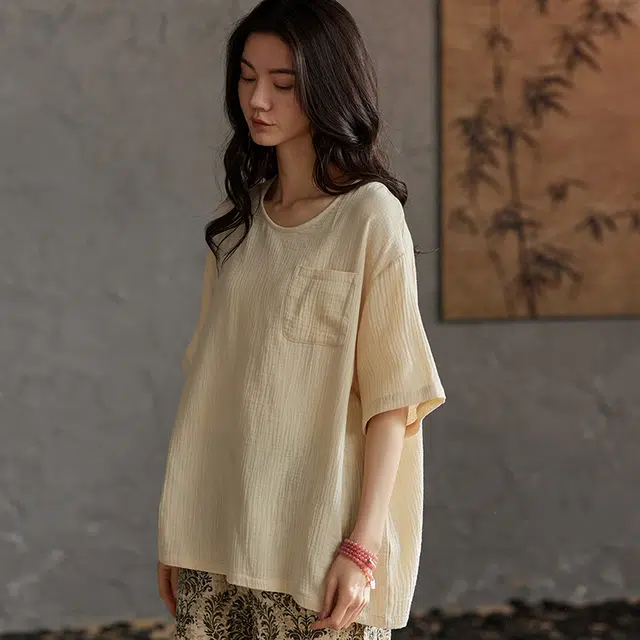俏薇妮 简约纯色柔软小清新可爱高级感短袖长裤睡衣套装 女款 米白色