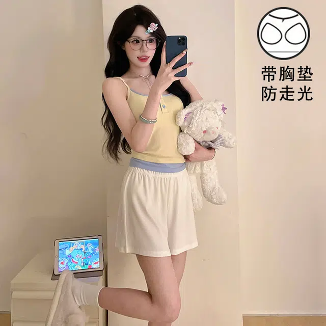 俏薇妮 简约凉感柔软时尚可爱大气高级感带胸垫家居服舒适透气休闲宽松可外穿无袖夏季睡衣套装 女款