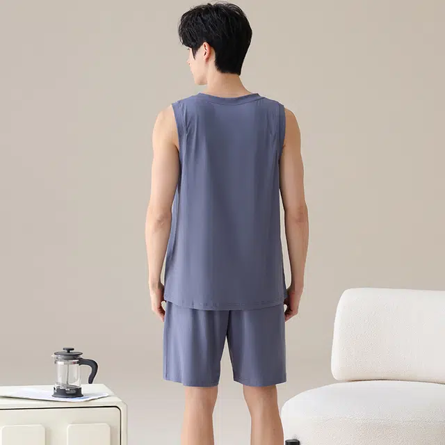 俏薇妮 简约凉感柔软纯色高级感字母背心短裤家居服舒适透气休闲宽松可外穿睡衣套装 男款
