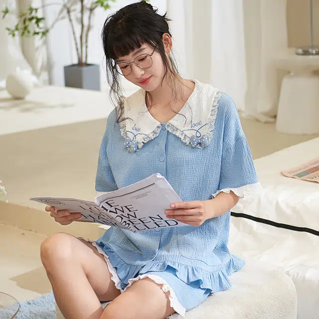 俏薇妮 简约温馨优雅大气高级感短袖短裤家居服休闲宽松舒适凉爽透气可外穿夏季睡衣套装 女款 浅蓝色