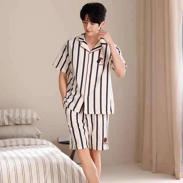 俏薇妮 柔软纯棉简约条纹翻领短袖高级感家居服休闲宽松舒适凉爽透气可外穿睡衣套装 男款 米白色