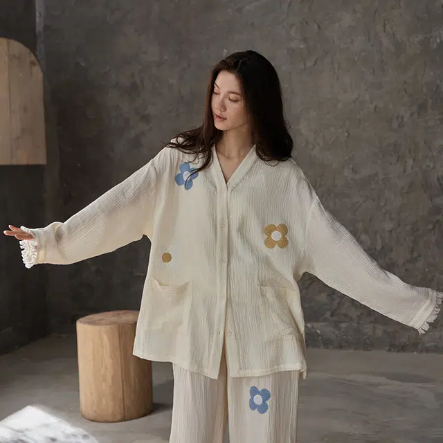 俏薇妮 简约纯色时尚高级感长袖长裤家居服休闲舒适可外穿睡衣套装 女款 米白色
