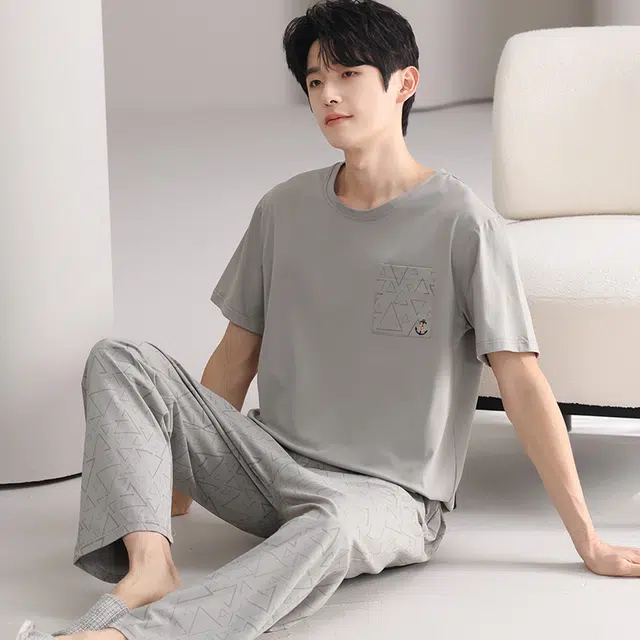 俏薇妮 简约凉感柔软时尚高级感短袖长裤家居服舒适透气休闲宽松可外穿睡衣套装 男款
