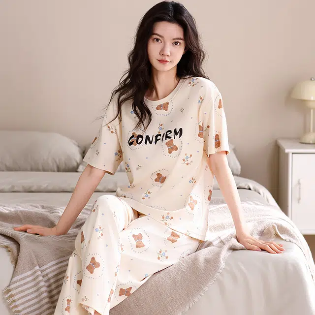俏薇妮 柔软纯棉简约时尚字母短袖家居服休闲宽松实用可外穿睡衣套装 女款 黄色
