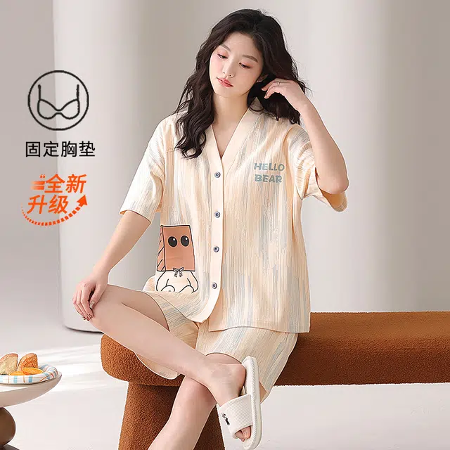 俏薇妮 简约柔软纯棉时尚可爱字母带胸垫短袖高级感家居服休闲舒适凉爽透气可外穿睡衣套装 女款 杏色